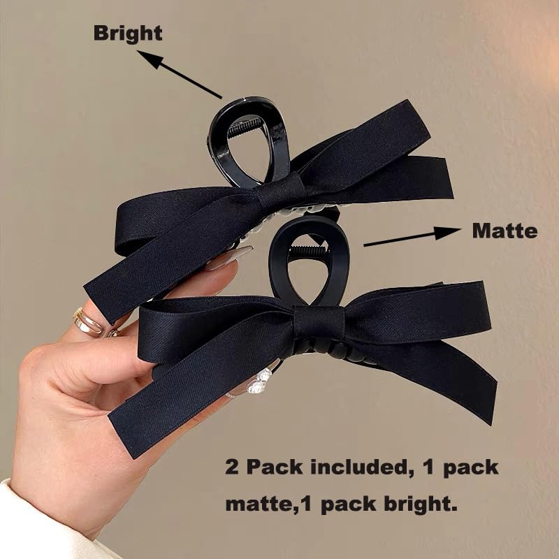 2 Pcs Bow Hair Clips for Women,Big 5.2IN Silky Satin Hair Claw Clip,Large Hair Barrettes French Soft Ribbon Barrettes Bow-knot Aesthetic Cute for Girls Thin Thick Curly Hair(Black)