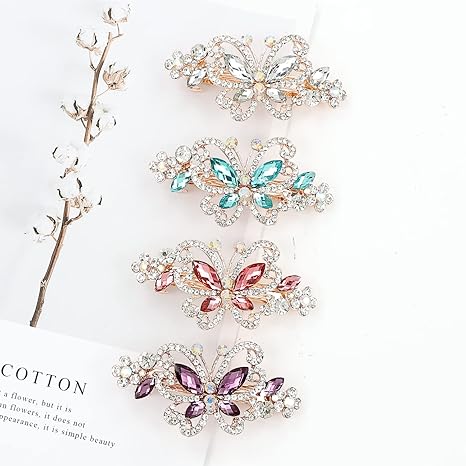 4 Pack Luxury Glitter Sparkly Jeweled Gems Crystal Rhinestone Butterfly Metal French Barrettes Alligator Snap Hair Clips Headpieces Accessories for Women Girls