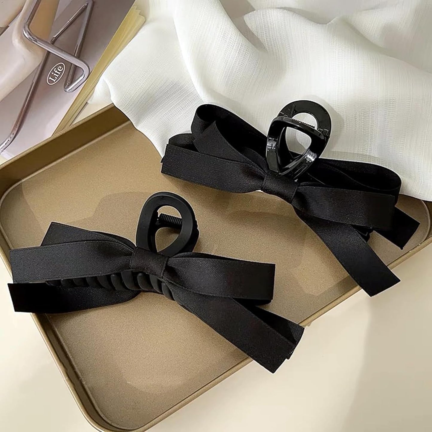 2 Pcs Bow Hair Clips for Women,Big 5.2IN Silky Satin Hair Claw Clip,Large Hair Barrettes French Soft Ribbon Barrettes Bow-knot Aesthetic Cute for Girls Thin Thick Curly Hair(Black)