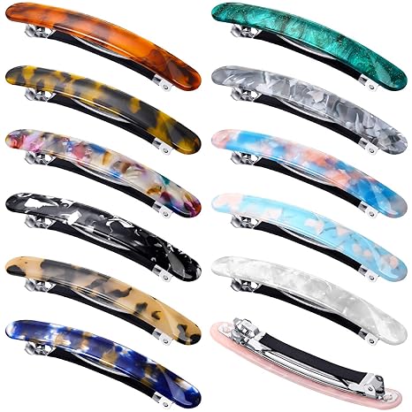 12 Pieces Hair Barrettes for Women Tortoise Shell Acetate French Skinny Clip Automatic Ponytail Barrettes for Women Fine Thin Hair Accessories(Fresh Color)