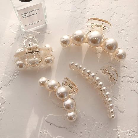 Pearl Hair Clips for Women Girl,4PCS Large Small Hair Claw Clip Strong Hold,Big Banana Jaw Clip Barrettes Nonslip,Hair Accessories Set Birthday Wedding Gift for Thick Thin Curly Hair(4 Size)