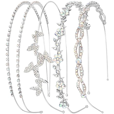 4 Pack AB Rhinestone Headbands Silver Metal Headbands Flower Girl Bridal Wedding Headband Crystal Headpieces Flower Leaf Butterfly Headband Formal Hair Accessories For Women Girls Gifts