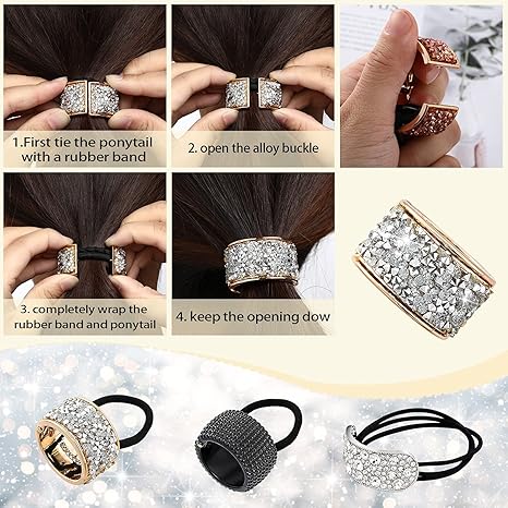 8 Pieces Rhinestone Hair Ponytail Holder Plastic Metal Gothic Punk Elastic Hair Tie Band Cuffs Glitter Ponytail Holders Accessories for Women Girls