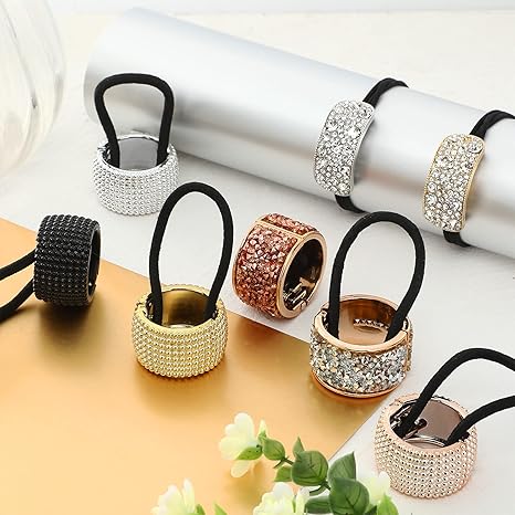 8 Pieces Rhinestone Hair Ponytail Holder Plastic Metal Gothic Punk Elastic Hair Tie Band Cuffs Glitter Ponytail Holders Accessories for Women Girls