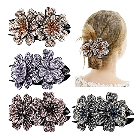 4 Pack Luxury Fancy Gems Korean Decorative Glitter Sparkly Crystals Rhinestones Double Flower Hair Claws Clips Plastic Barrettes Hairpin Clamps Hair Accessories for Women Girls Thick Long Hair