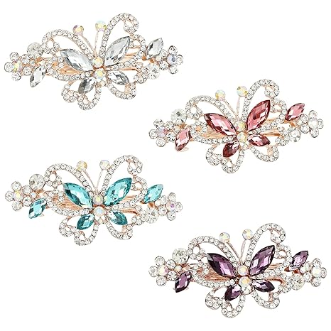 4 Pack Luxury Glitter Sparkly Jeweled Gems Crystal Rhinestone Butterfly Metal French Barrettes Alligator Snap Hair Clips Headpieces Accessories for Women Girls