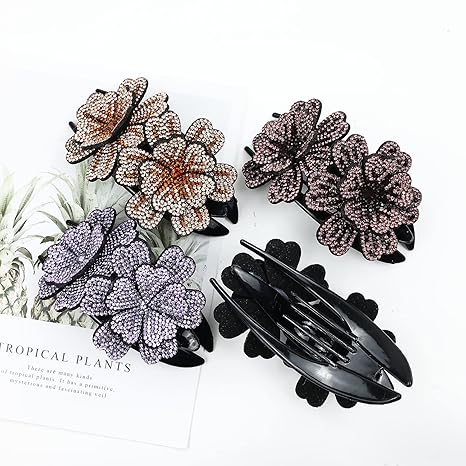 4 Pack Luxury Fancy Gems Korean Decorative Glitter Sparkly Crystals Rhinestones Double Flower Hair Claws Clips Plastic Barrettes Hairpin Clamps Hair Accessories for Women Girls Thick Long Hair