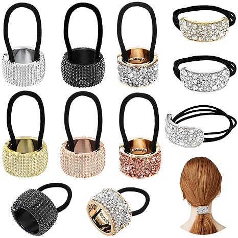 8 Pieces Rhinestone Hair Ponytail Holder Plastic Metal Gothic Punk Elastic Hair Tie Band Cuffs Glitter Ponytail Holders Accessories for Women Girls